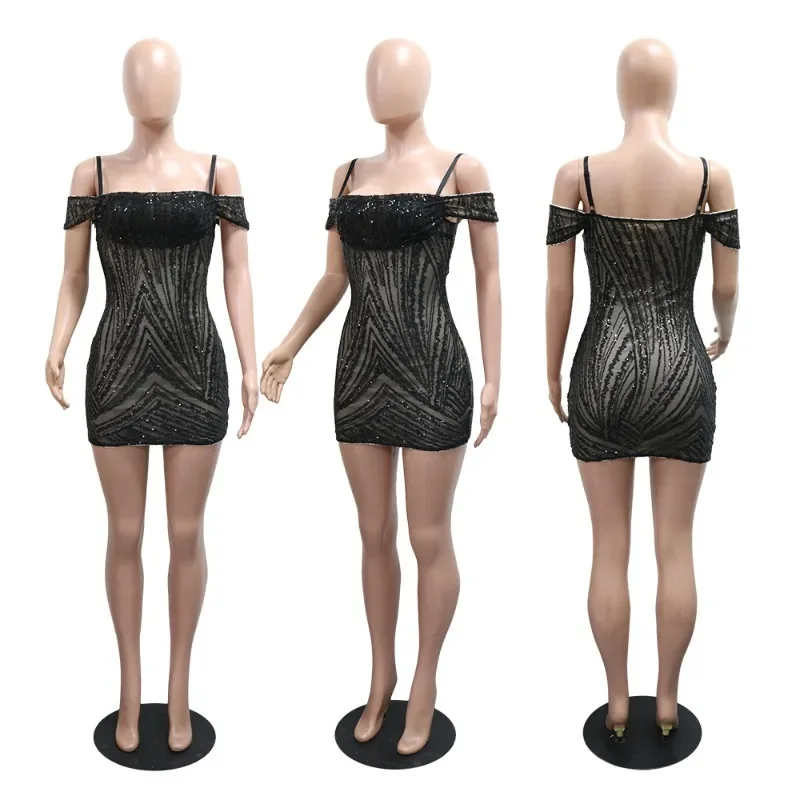 GUWU Sommer Durchsichtiges Mesh Pailletten, Figurbetontes Kleid Frauen Sexy Dünnes Gummiband Minikleider Dame Club Party Nacht Outfit