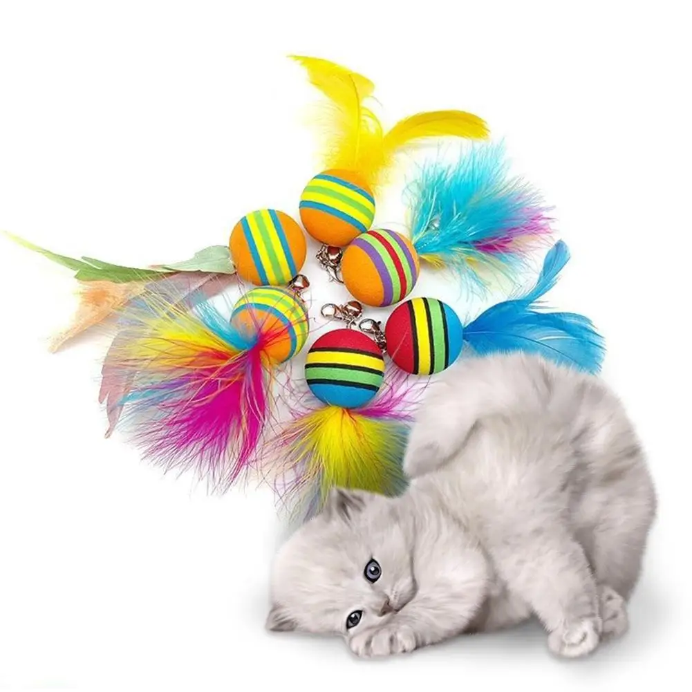 

2022 New Funny Pet Cat Teaser Stick Colorful Stripes Feathers Ball Replacement Head Accessories With Bell Wholesale