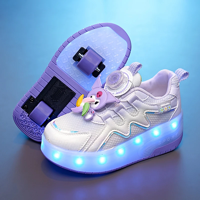 Kids Sneakers Two Wheeled Sports LED Shoes Rotating Button USB Charging Breathable Training Roller Skating Shoes for Children