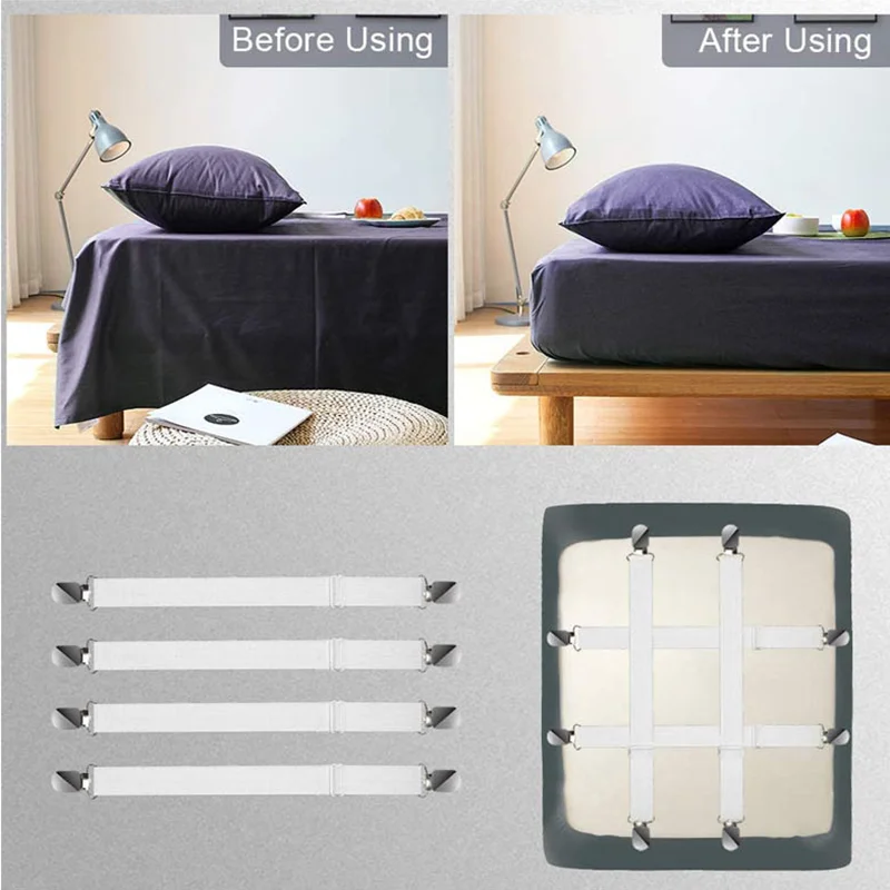 4Pcs Elastic Bed Sheet Grippers 2Clips Belt Fastener Bed Sheet Clips Non-slip Bed Sheet Clamp Mattress Cover Blankets Holder