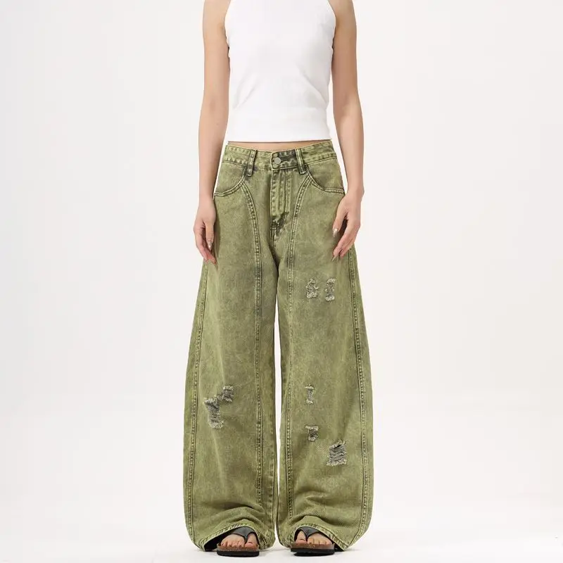 

KIDWHXR Man Denim Pant American Simple Green Washed Hole Male Wide Leg Pant Retro Loose Mid Waist Versatile Men Trousers
