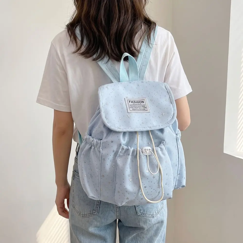 Lightweight Star Print Drawstring Backpack Printed Large Capacity Nylon Backpack Cloth College Style Students School Bag