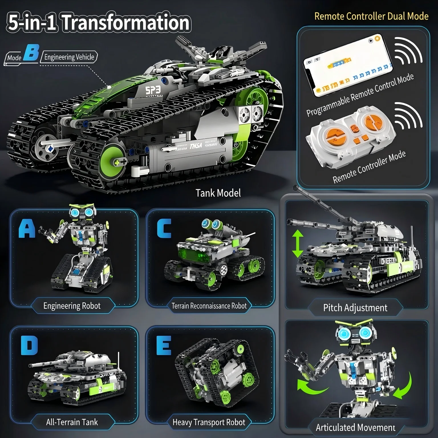 5 in 1 Remote Control Robot Building Kit APP Programmable Tracked Robot Tank Models Motorized Coding Set for Kids 8+ Teens Adult