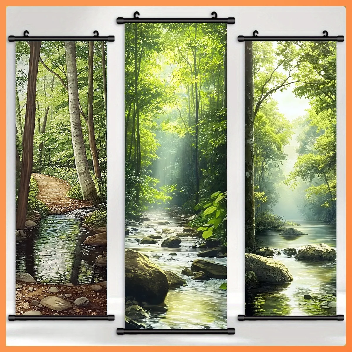 3pcs Modern Vertical Forest River Wall Art Scroll Painting Framed Hanging Landscape Artwork Decor for Living Room Bedroom Office