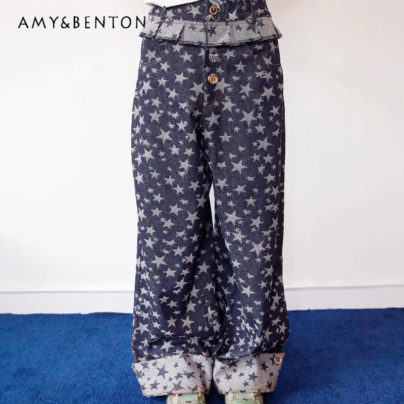 التصميم الأصلي ستار الجاكار لعوب المرأة الدنيم بنطال ذو قصة أرجل واسعة اليابانية الجديدة فضفاضة التخسيس تنوعا سراويل طويلة السيدات #1