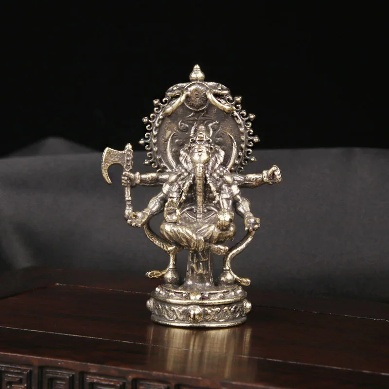 CH Vintage Brass Six Arm Elephant God Desktop Ornament Buddha Statue God Of Wealth Guardian Deity Handicraft Small Ornament