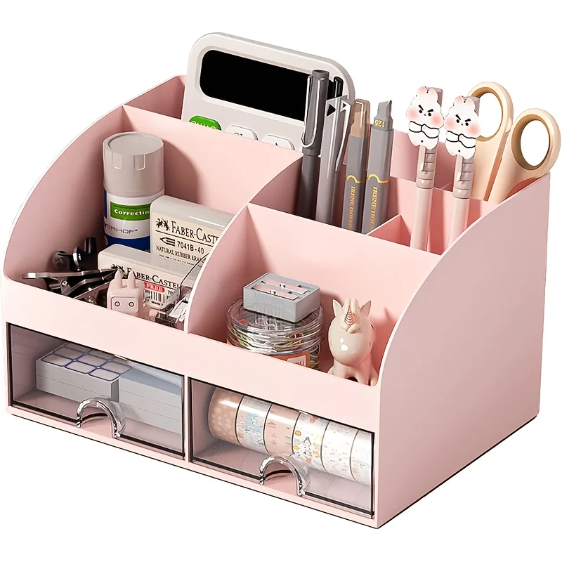 6-compartment Desk Organizer with 2 Drawers, Plastic Cosmetic Storage, Desktop Organizer Set, Pencil Holder, Perfect for Storage