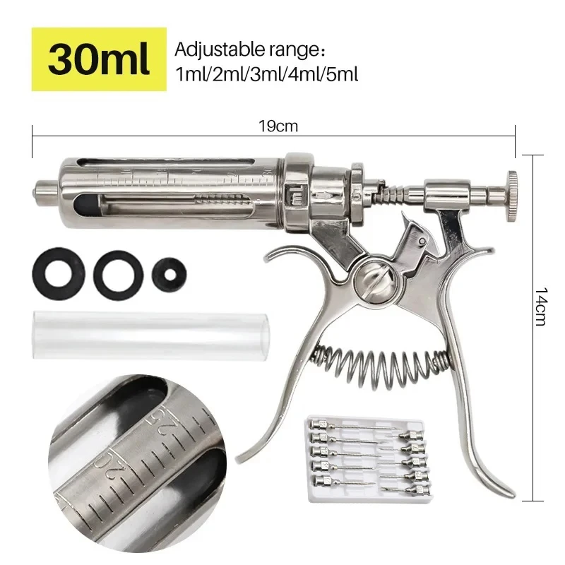 Veterinärtier-Spritze mit kontinuierlicher Injektion, Revolver, 10/20/50 ml, automatische Impfpistole aus Edelstahl für Kuh, Schwein, Schafe – Detail 5