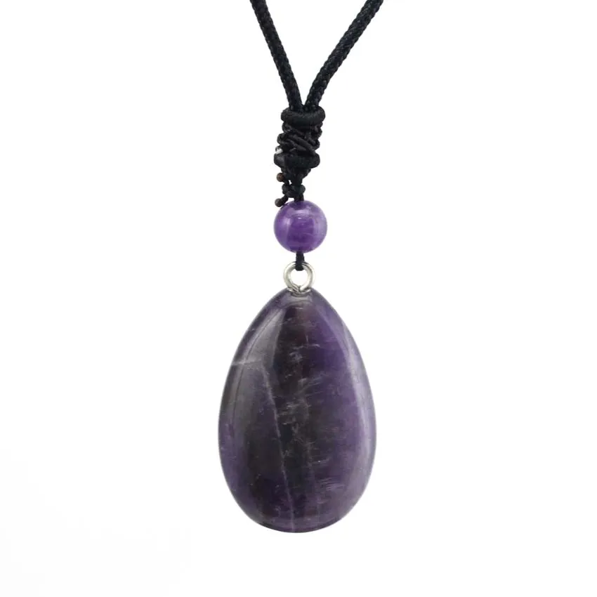 Crystal Water Drop Pendant Natural Amethyst Rose Quartz Lapis Lazuli Black Onyx Stone Pendant Adjustable Rope Chain Necklace