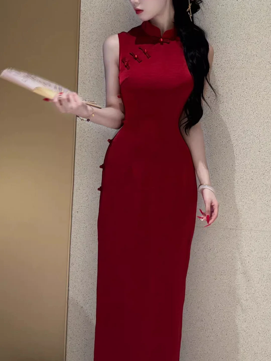 

Red Chinese Sle Wedding Dr Long Skirt Daily Wear High End Sensation Engaged Couples Retro Sle Polyester Fiber