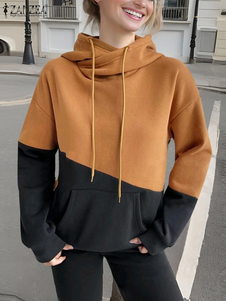 ZANZEA Holiday Hooded Drawstring Tops Women Colorblock Hoodies Fashion Long Sleeve Sweatshirt 2024 Autumn New All-match Pullover