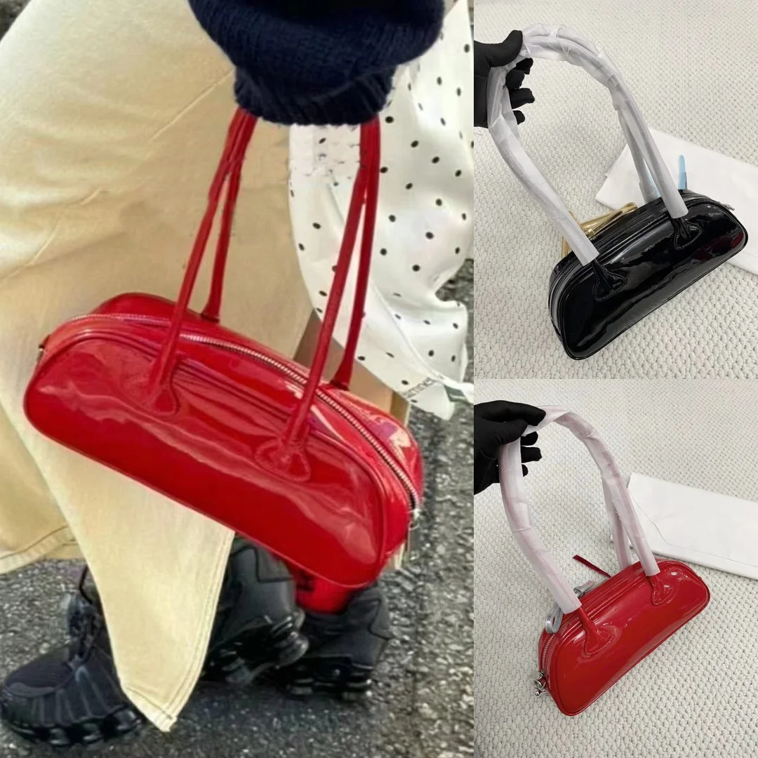 Genuine Patent Cow Leather Women Shoulder Bag Retro Zip Top Handle Handbag Glossy Small Bowling Purse For Daily Party