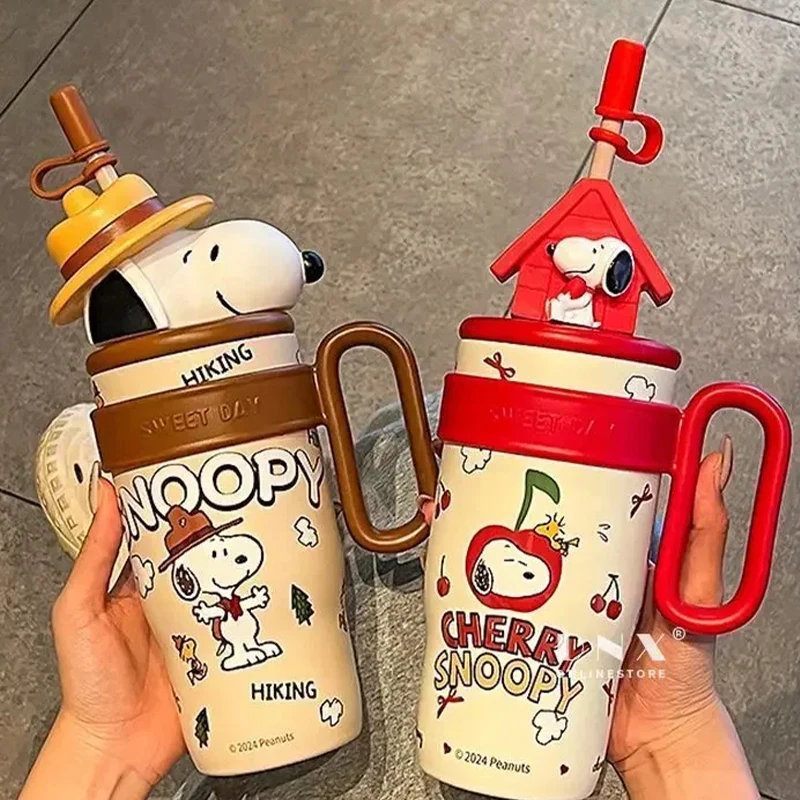 Copo Térmico Snoopy 800ml para Homens e Mulheres, Copo com Canudo de Grande Capacidade, Presente de Aniversário Kawaii para Estudantes, Atacado