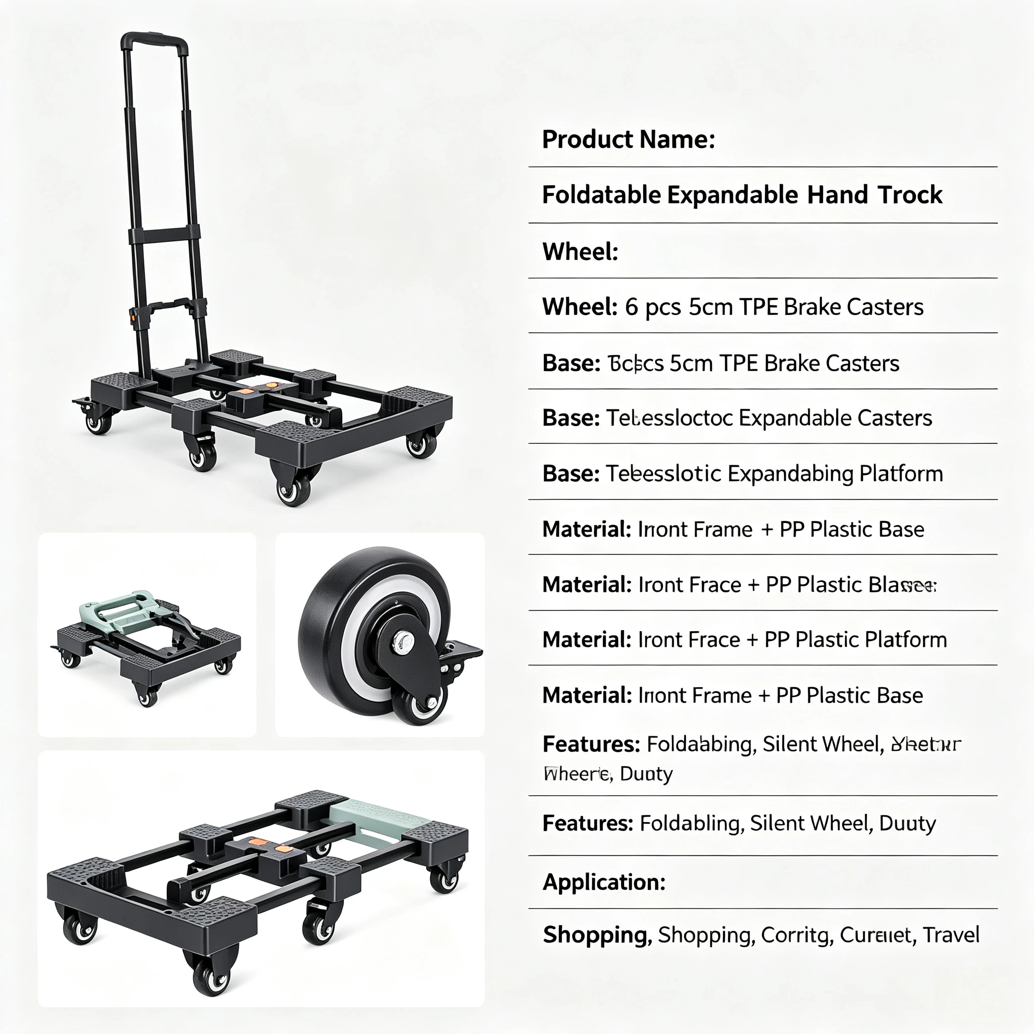 Six Wheels Foldable Hand Trolley With Brake Portable Outdoor Household Heavy Duty Pulling Trailer Cart