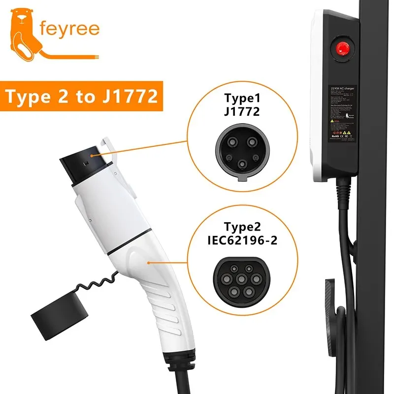 Feyree EV Charger Adapter Type2 to Type1 Car Charging Socket AC Charger Adapter 32A 1Phase 3.5KW 7KW Max for Electric Car