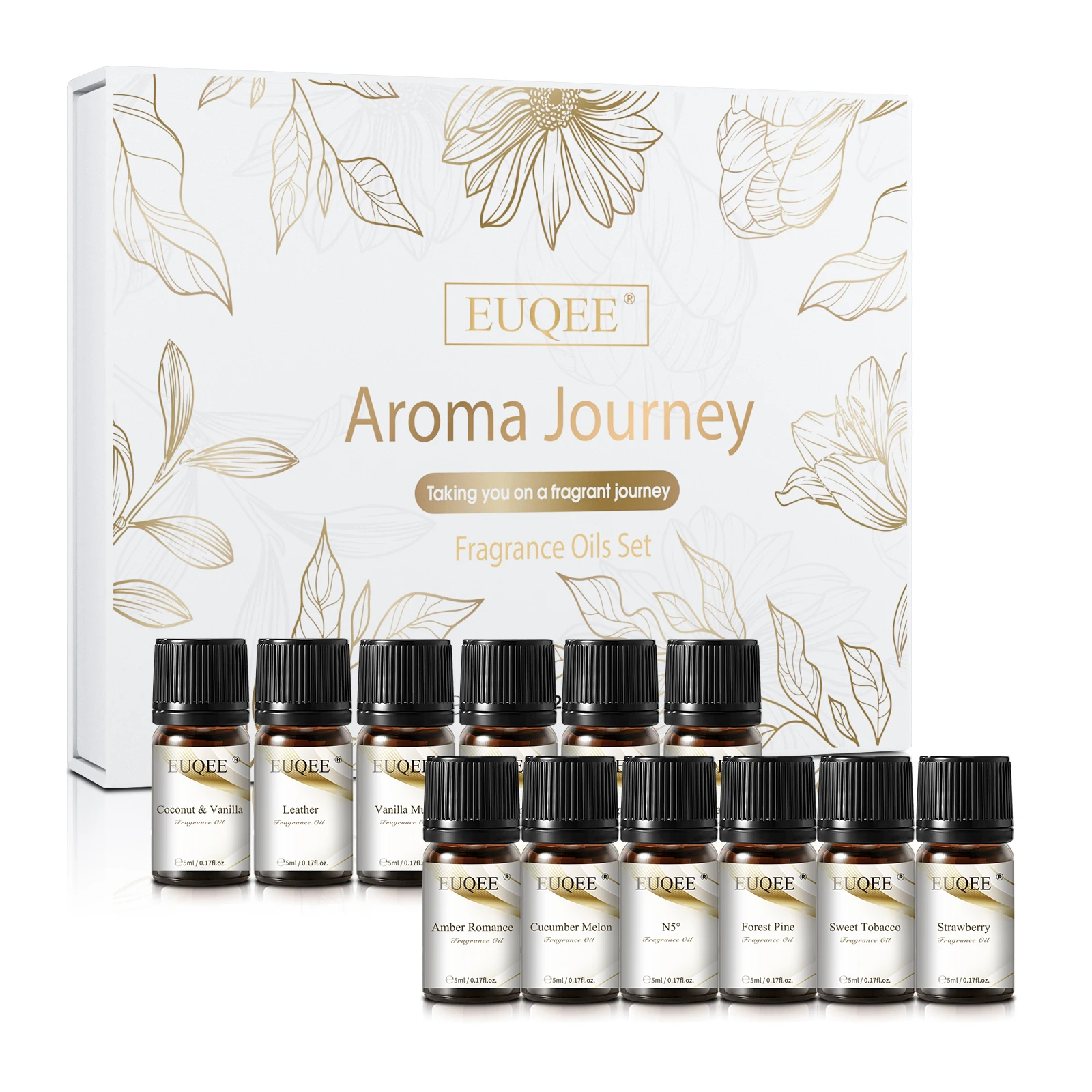 

EUQEE 12PCS Fragrance Oils Set-5ml Coconut & Vanilla Fresh Linen Amber Romance Forest Pine Leather Lemongrass Strawberry Aroma