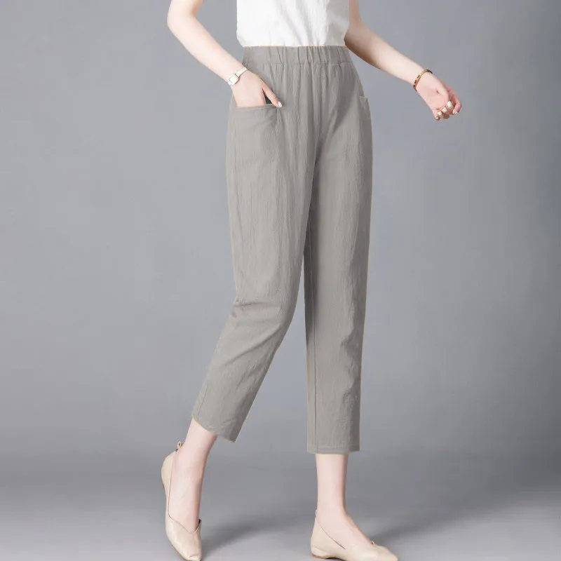 면 린넨 하렘 팬츠 여성 여름 얇은 캐주얼 대형 사이즈 화이트 루즈 슬리밍 나인피스 당근 팬츠 하이웨이스트