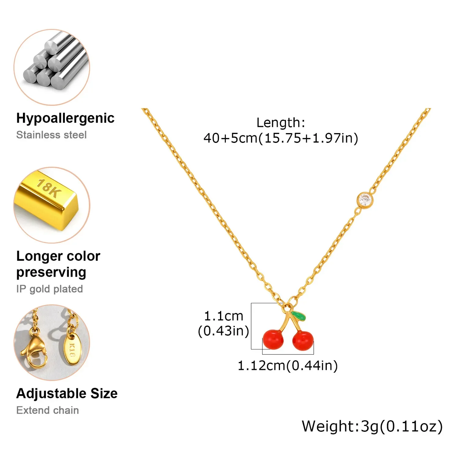 Cucbic Zirconia Sideway Cherry Pendant Necklace for Women, Statement Cute Fruits Necklace, Stainless Steel Free Nickel