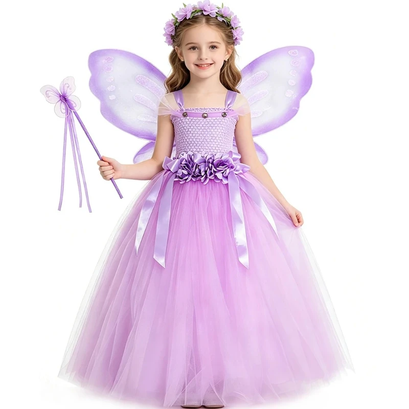 Cute Lavender Floral Fairy Tutu Gown with Wing Set, Elegant Long Costume for Birthday Parties, Carnival and Fantasy Role Play