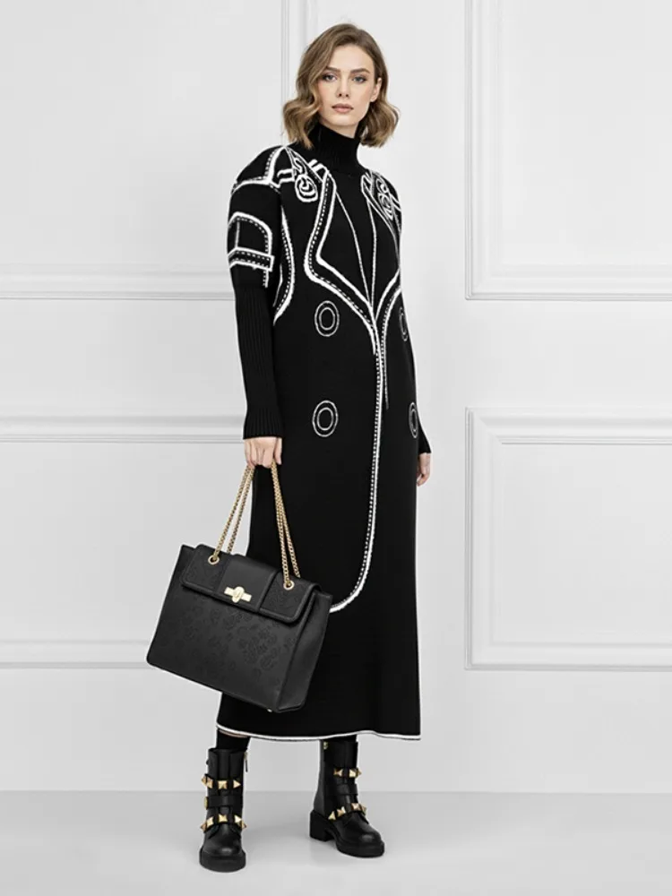 UOOZEE Damenmode Schwarz Weiß Kontrastfarbe Stehkragen Pullover Kleider Lange Ärmel Übergroßes Abend-Midikleid 2026 Neu – Detail 6