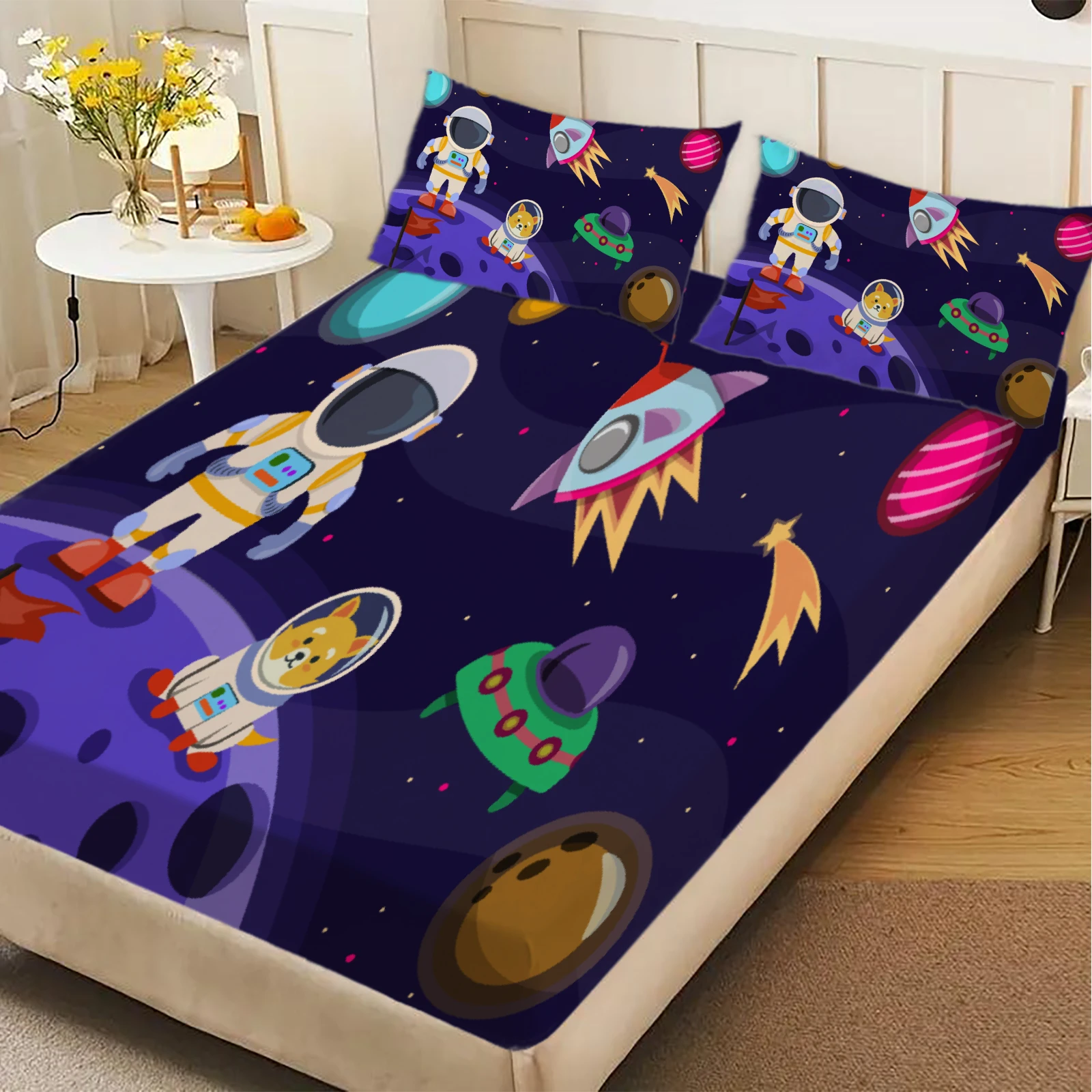3PCS Purple Fitted Sheet Set,Soft Machine Washable with 2 Pillowcases,Cartoon Space Astronaut Dog Rocket Planet for Kids Childen