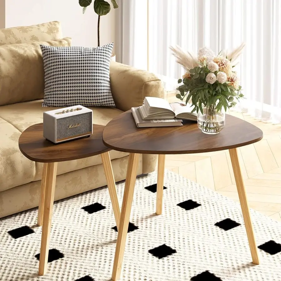 

Bamboo Nesting Triangle End Table,Set of 2 Side Table Modern Minimalist Coffee Table for Living Room Walunt