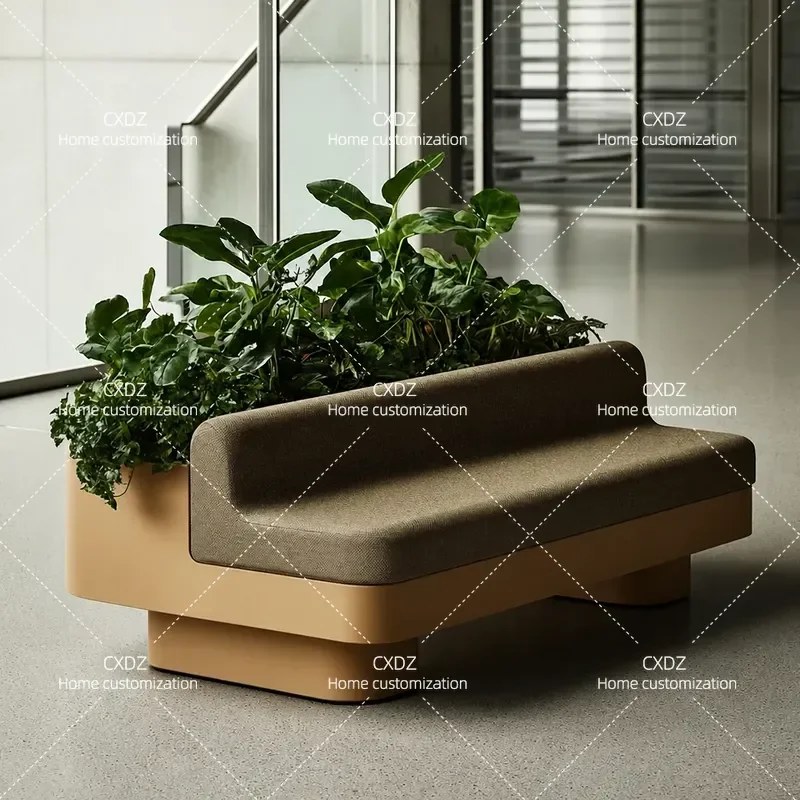 Customized Outdoor Wrought Iron Flower Box with Integrated Seat and Stool Square Planter for Commercial Street Landscape
