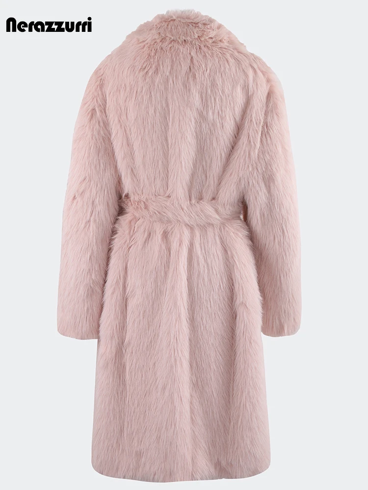 Nerazzurri Winter Long Oversized Pink Hairy Thick Warm Soft Faux Fur Coat Women Sashes High Quality Loose Casual Furry Overcoat