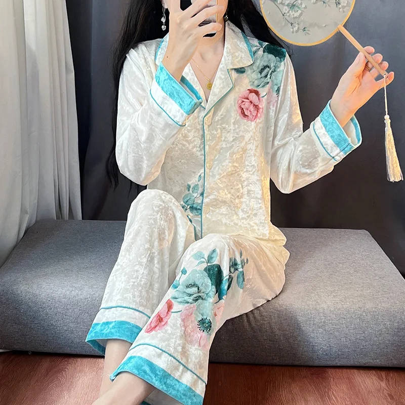 Women Blue Print Floral Pajamas Long Sleeves Home Wear Velvet Lapel Dressing Gown 2 Pcs Shirt&pants Home Clothes Comfy Sleepwear