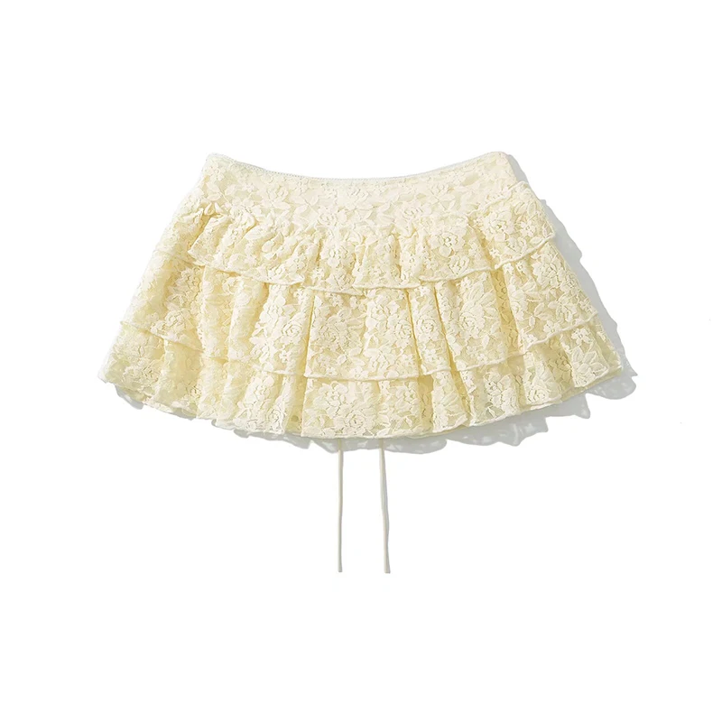 YENKYE 2015 Women Yellow Black Y2K Lace Mini Skirt Sexy Low Waist Side Zipper A-line  Layered Summer Skirts With Short Lining