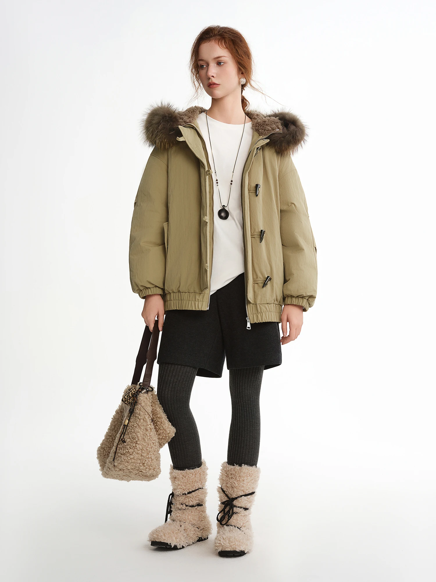 DUSHU أسفل سترة المرأة القرن مشبك الراكون الفراء طوق جديد الشتاء نمط معطف دافئ خمر الحظيرة الأمريكية نمط الترفيه اليومي #3