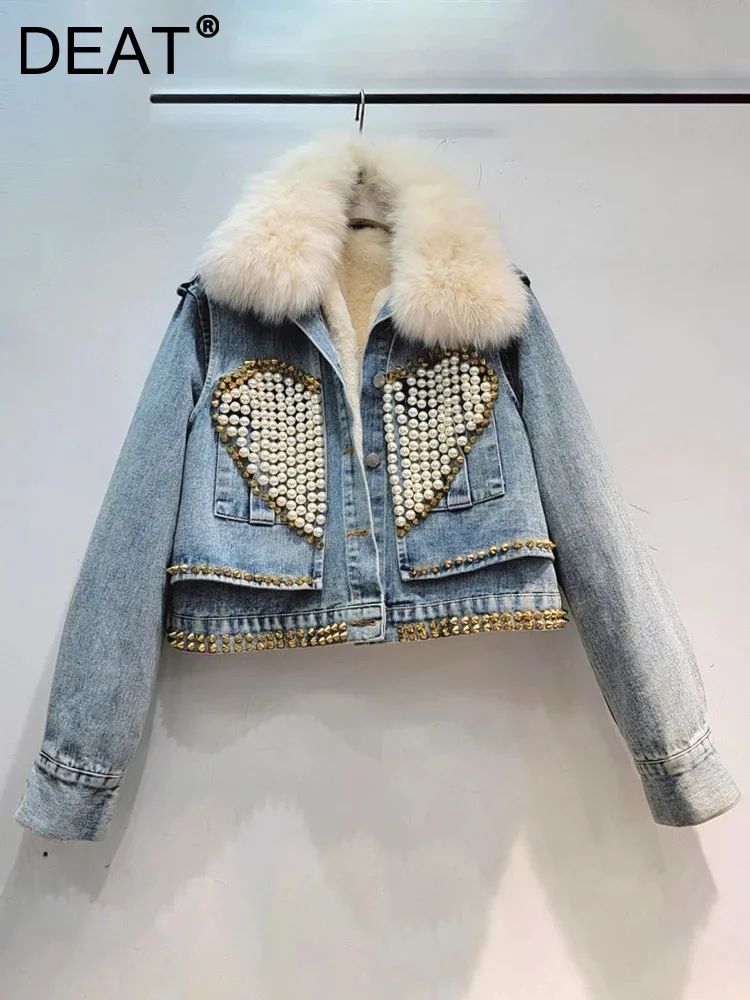 

DEAT Women's Denim Coat Fox Collar Heart Beading Embroidered Flares Rivet Plush Thick Jackets 2024 Winter New Fashion 29L3969