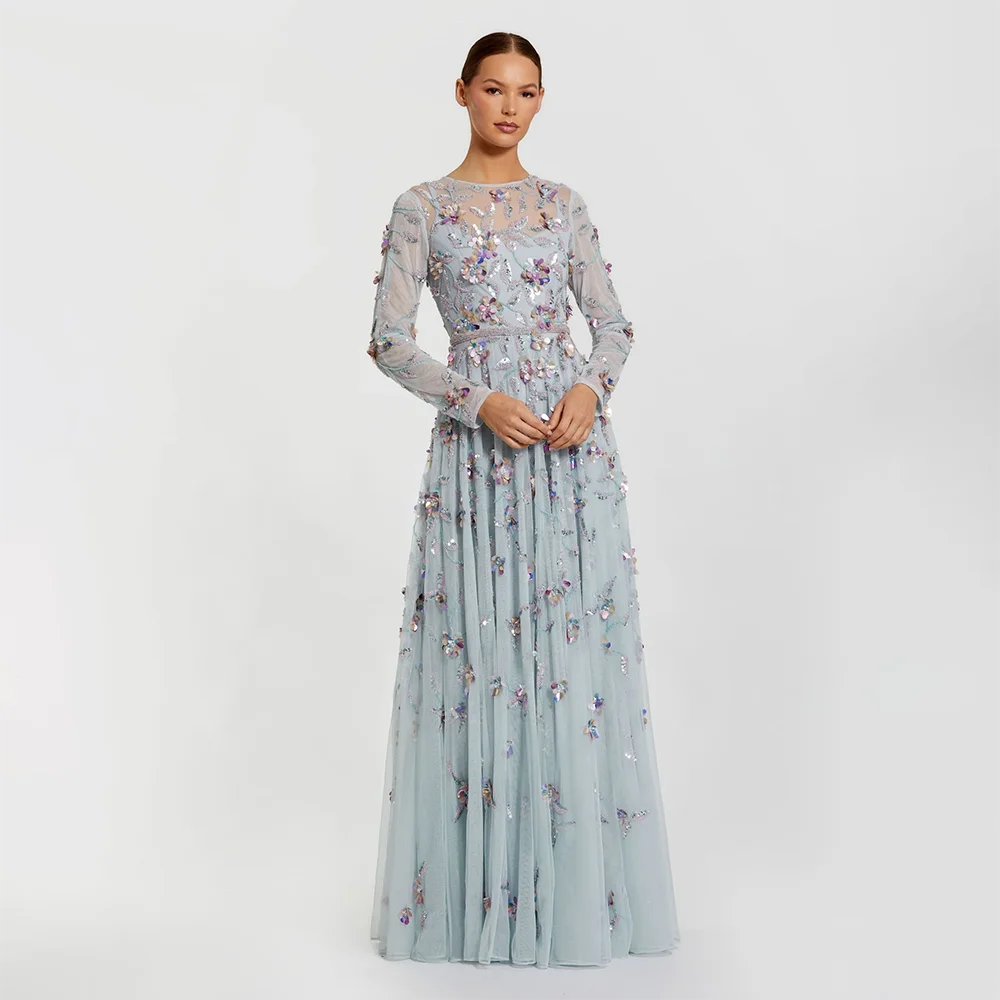 Women's O-neck Full Sleeve Prom Gowns Customzied Pleat Tulle A-line Floor Length Evening Dress with Fashion Appliques Dress