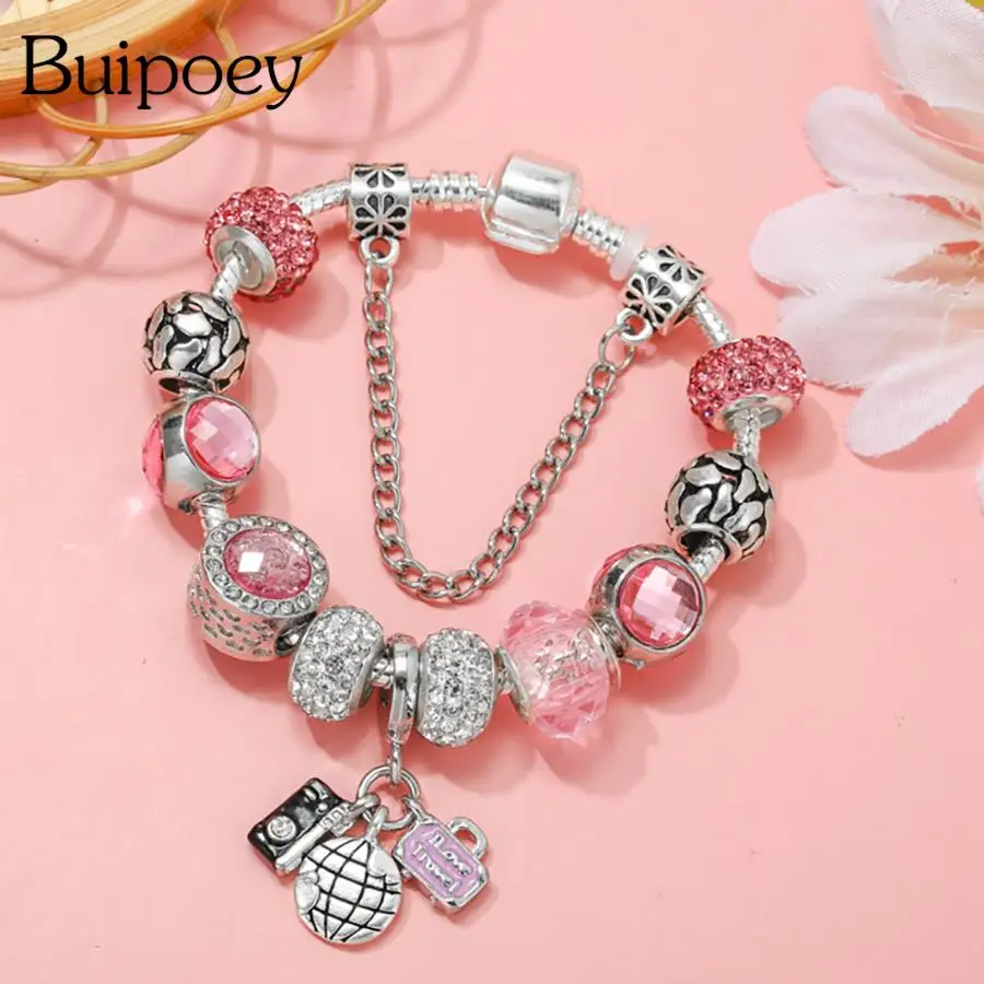 Buipoey Pink Crystal Beaded Bracelrts For Women Globe And Camera And Travel Bag Alloy Charm Bracelets Travel Memorabilia Jewelry