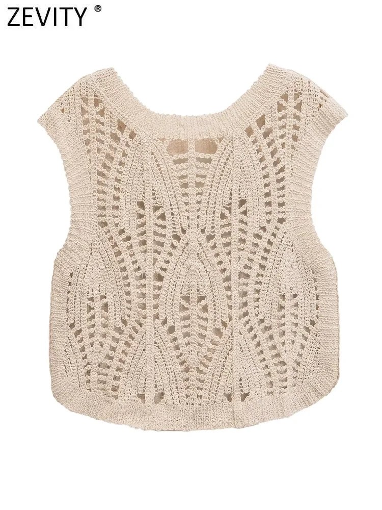 Zevity Women Fashion O Neck Lace Crochet Hollow Out Knitting Smock Blouse Female Sleeveless Vest Shirts Blusas Chic Tops LS6304