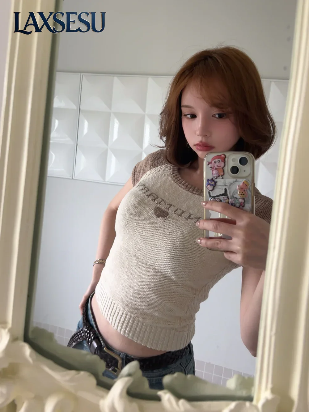 Japanese Style CasualT-Shirts Contrast Color Short-sleeved Tops Summer Knitting Shirt with Sling Two-piece Set for Women