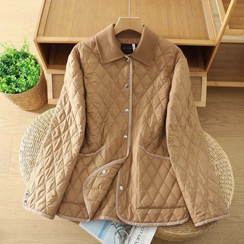 Lightweight Cotton Jacket For Women Winter, Long Sleeve Diamond Grid Single Row Button Casual Loose Quilted Coat Outerwear w1539