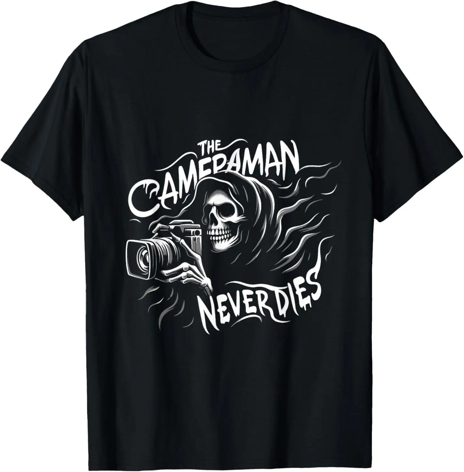 

The Cameraman Never Dies | Ghostly Figure with Modern Camera T-Shirt
