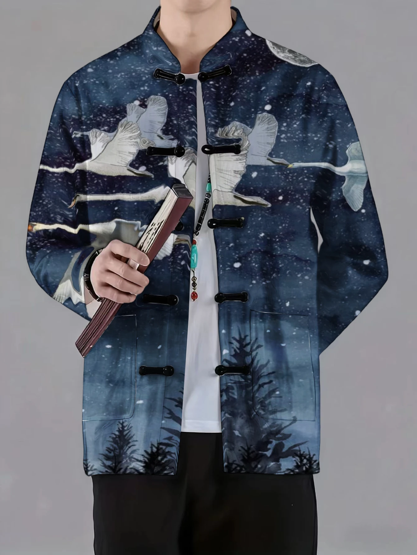 Men Mandarin Collar Frog Button Long Sleeve Jacket Crane Floral Art Print Traditional Outerwear