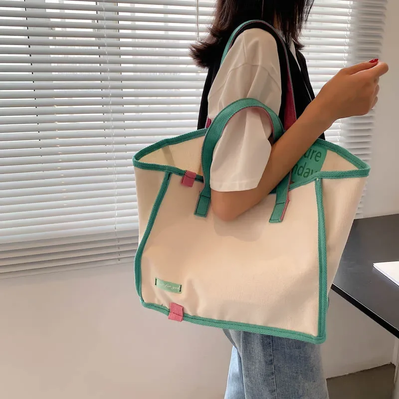 Ins Trendy Brand Same Contrast Color Canvas Bag Womens Handbag Casual Literary Canvas Shopping Bag Shoulder Bag, Handbags