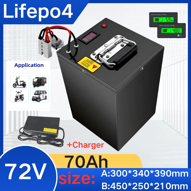 

72V 70Ah lifepo4 battery Lithium Rechargeable BMS 24S deep cycle for 5000W bicycle bike scooter Motorcycle + 10A charger