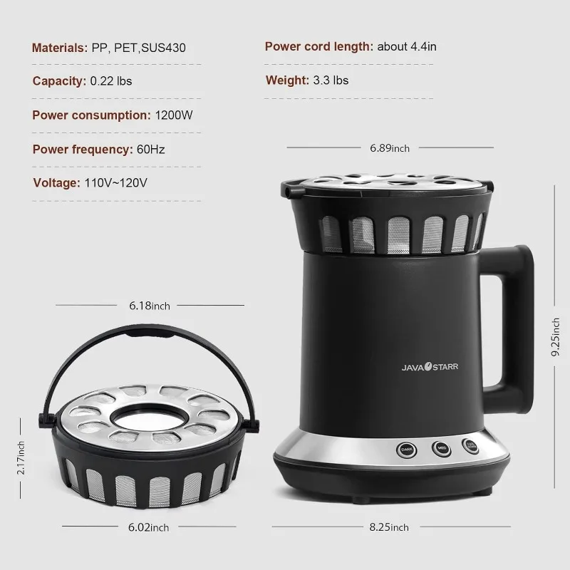 Machine à café électrique Rowijk, contrôle à une touche, torréfacteur à grains de café, deux modes de cuisson temporels et sombres en option, 1200W