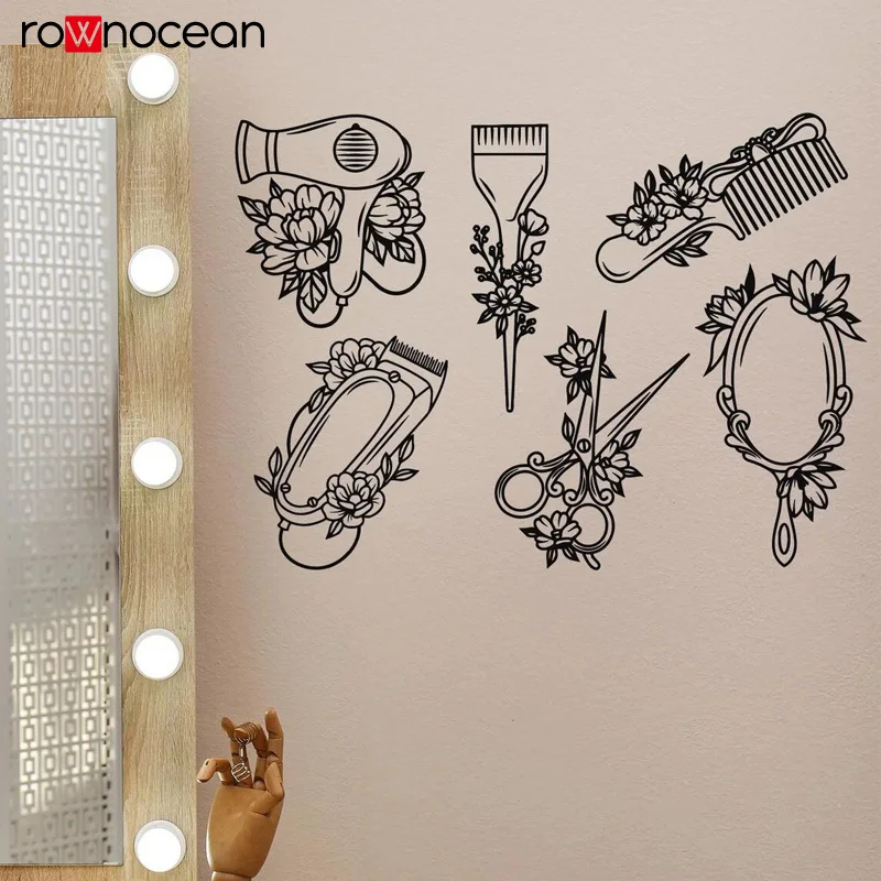 Floral Hairdressing Tools Wall Decal Set Scissors Comb Hair Dryer Vinyl Wall Stickers For Hair Salon Barbershop Art Mural  E645