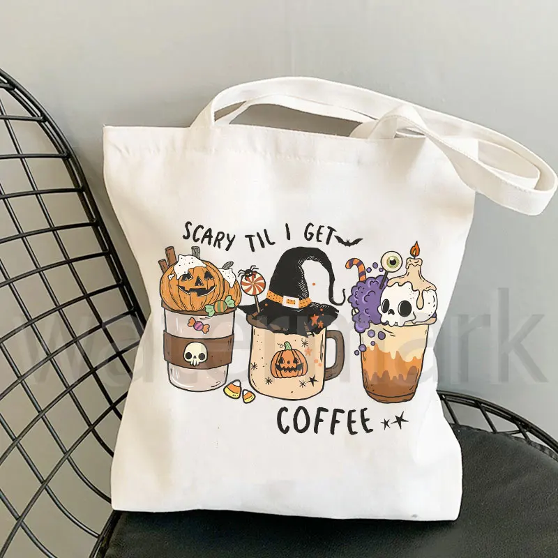 Halloween Pumpkin Latte Drink Cup Print Canvas Tote Shopping Bag Cute Coffee Lover Shopper Pumpkin SpiceThanksgiving Gift Bolsas