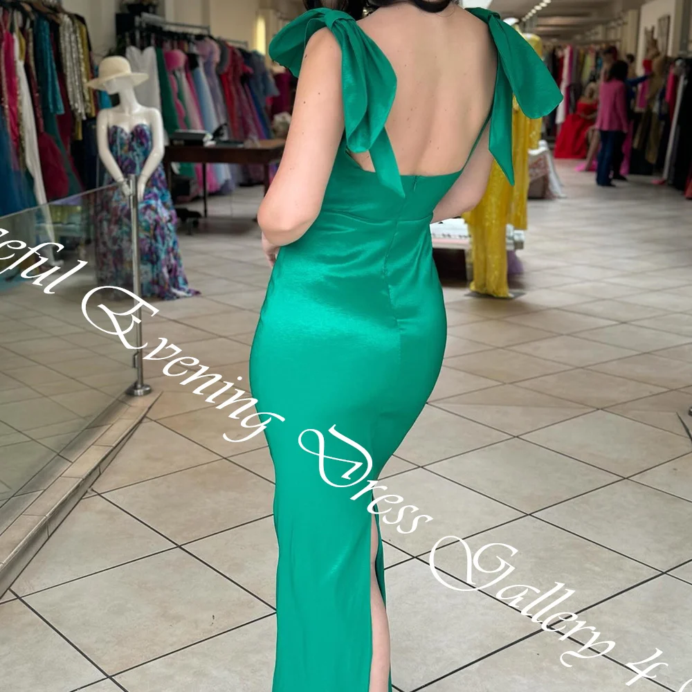 Customized Fashion Pleat V-Neck Floor Length Back Slit Straight Satin Evening Dress Temperament Backless Bespoke Occasion Gowns