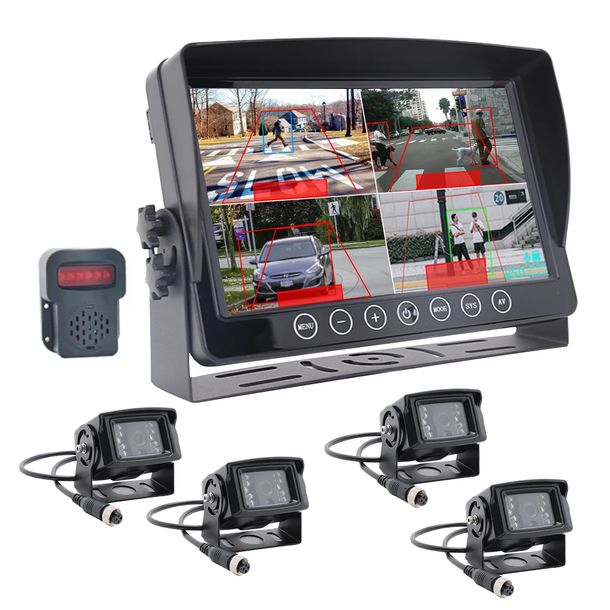 PWAS System Proximity Warning Alert System with Backup Camera 1080P  7 Inch Monitor 4 Quad for Heavy Duty Truck Camera System