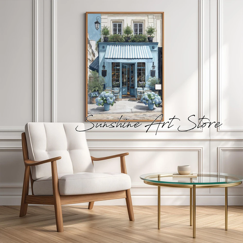 Paris Cafe Vintage Art Pastel Blue Hydrangea Kitchen Aesthetic Poster Canvas Painting Kitchen Cafe Wall Pictures Blue Wall Decor