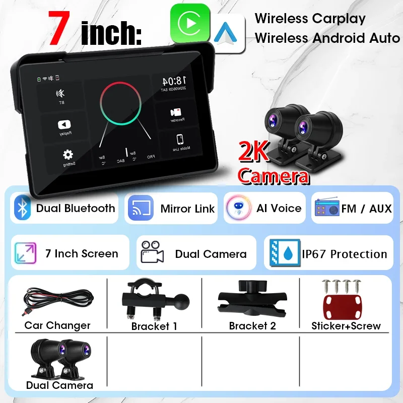 Jansite 7 Inch 2K Motorfiets Upgrade Module Dvr Navigatie Gps Draadloze Carplay Waterdichte Ipx7 Tpms Draagbare Slimme Display Cam - afbeelding 1