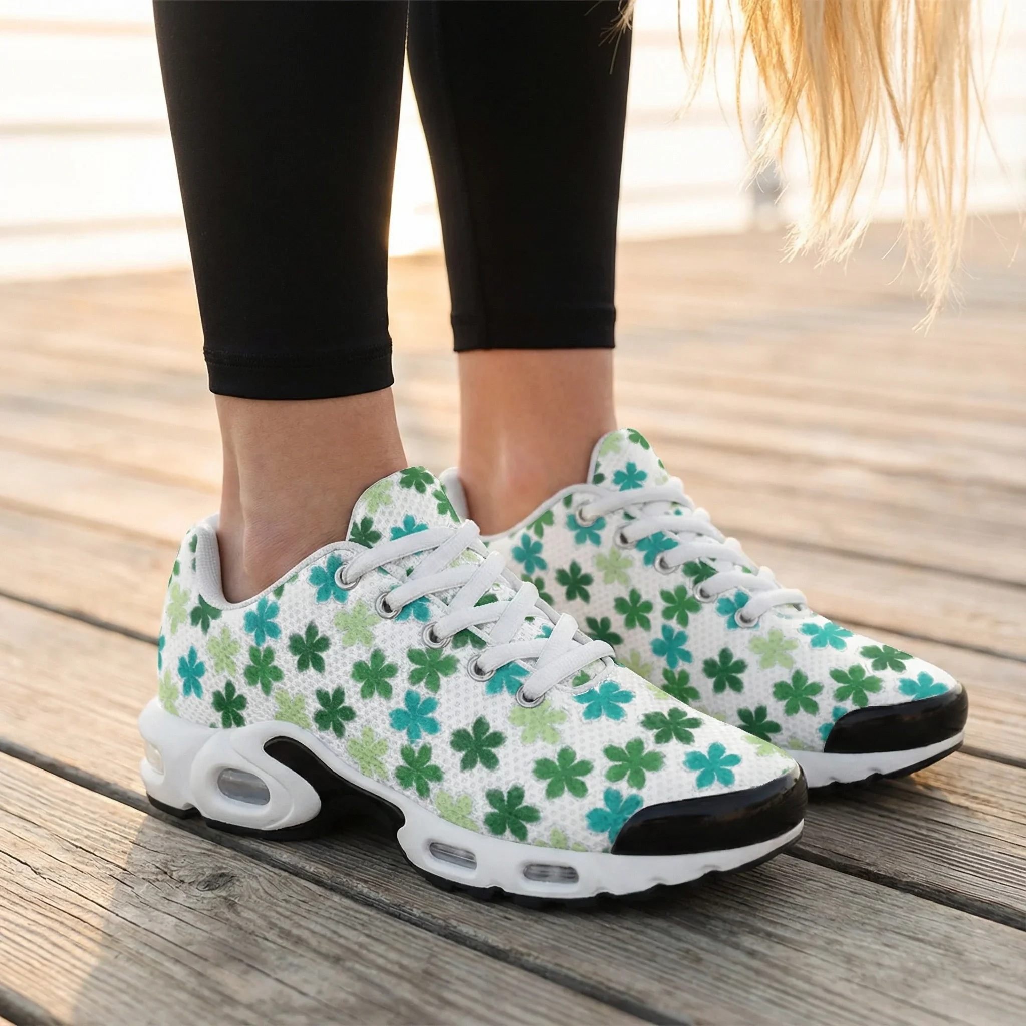 

Green leaf print casual air-cushioned shoes, breathable mesh upper athletic shoes for men and women