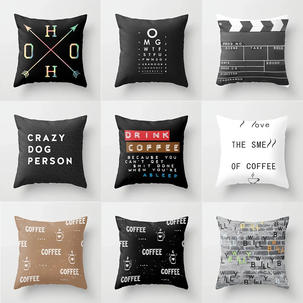 Home decor cushion cover black and white alphabet print polyester pillowcase for bedroom living room 45x45cm funda de almohada